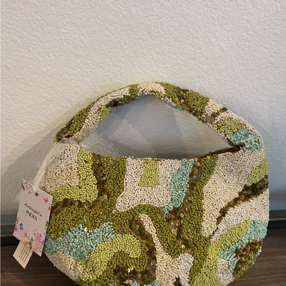 Beaded Green and Cream Handbag